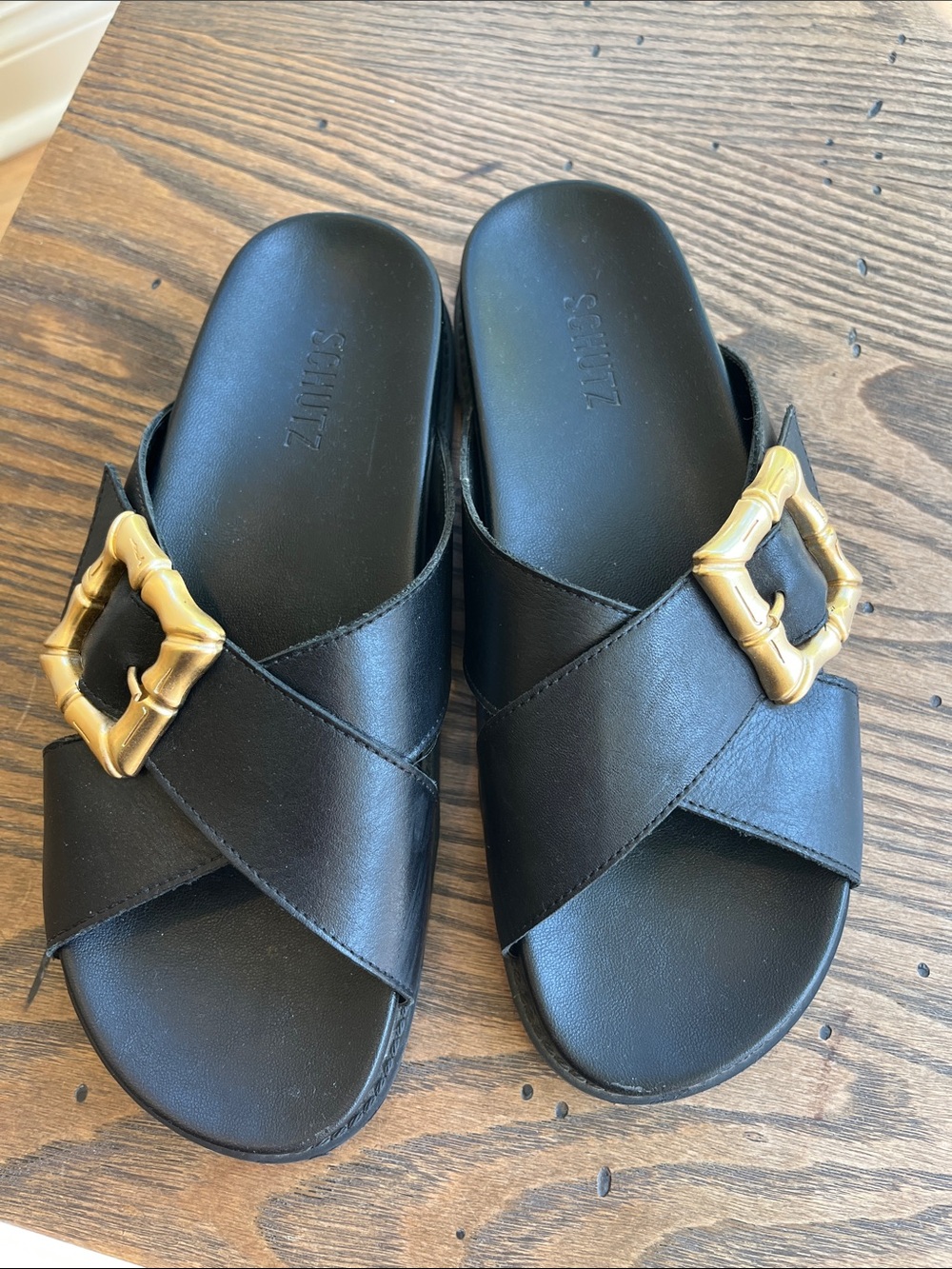 SCHUTZ Enola Black Leather Cross-Band Slides with Gold Buckle Accent size 8